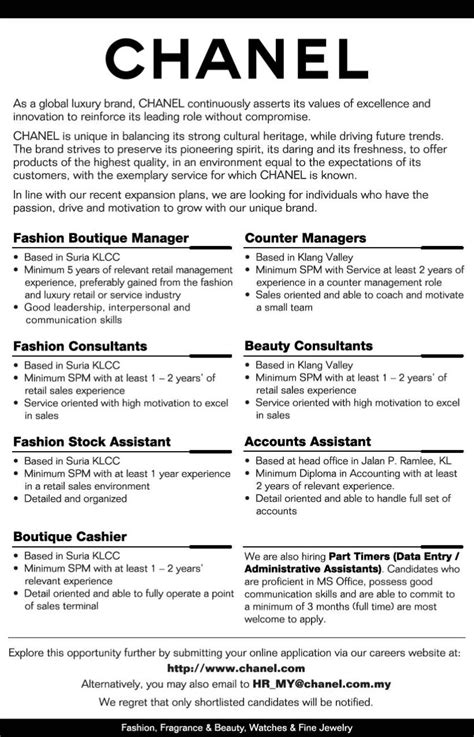 chanel fashion advisor job|chanel job description.